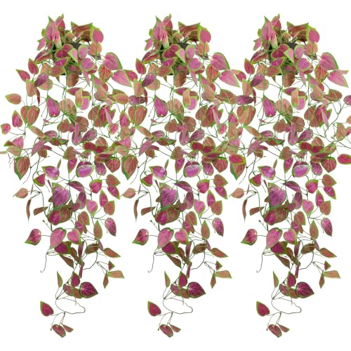 LOYWREE 3 Pack Artificial Purple Ivy Hanging Vine Plants - Small Potted Long Trailing Cascading Foliage, Gothic Home Decor for Indoor/Outdoor, Office, Garden & Shelf (Black Pot Included) - color: Perilla, size: 3Pack
