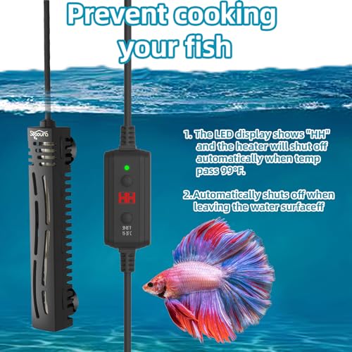 SEAOURA Small Aquarium Heater, 50W Mini Fish Tank Heater, Adjustable Submersible Aquarium Heater with External Digital Controller for Turtle, Betta, Freshwater, Saltwater, 5-15 Gallon - size: ≤ 15 Gal Tank