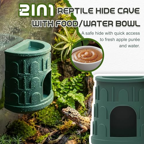 Wall Mount Reptile Hide Cave with Food Bowl for Terrarium Habitat Setup, Cute Hide with Treats Bowl, Essential and Safe Hideout for Gecko, Spider, Lizard, Hamster, Crab - color: Green