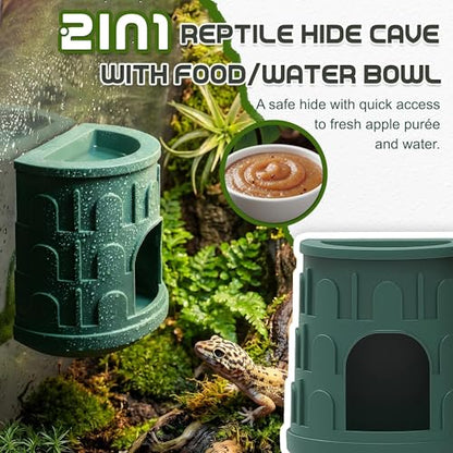 Wall Mount Reptile Hide Cave with Food Bowl for Terrarium Habitat Setup, Cute Hide with Treats Bowl, Essential and Safe Hideout for Gecko, Spider, Lizard, Hamster, Crab - color: Green