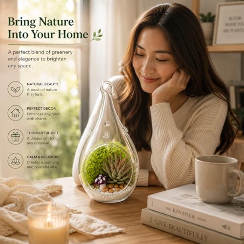 Creations by Nathalie - DIY 5" Terrarium Kit with Live Air Plant (Local & Fresh from Florida), Glass Tear Drop, Reindeer Moss, Figurine, Healing Crystal Chips and Sand - Handmade in USA - color: 5" Teardrop