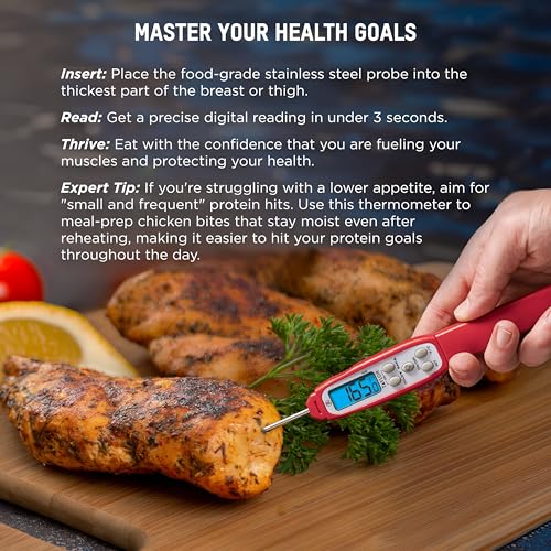 Taylor Digital Instant Read Meat Thermometer for GLP-1 High Protein Meal Prep – Waterproof Kitchen Probe for Chicken, Steak, Lean Cuts, Grill, BBQ – Fast Temperature Check, Blue Backlight Display, Red - color: Red