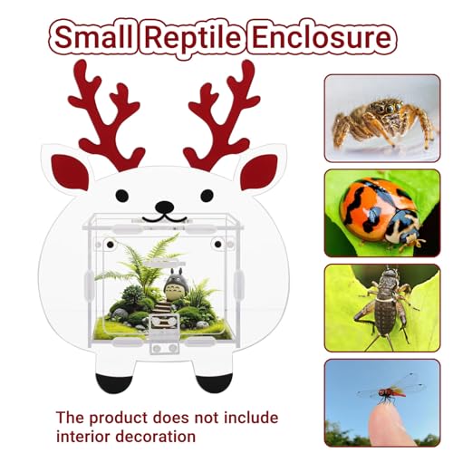 Acrylic Jumping Spider Enclosure 4.7x4.7x3.5 Inches, Magnetic Front Opening Door Escape-Proof Habitat for Tarantulas & Small Reptiles, Cute Deer-Shaped Acrylic Terrarium