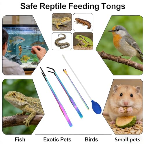 Reptile Feeding Tongs Set with Spoon, 4PCS 10.6" Feeding Tweezers with Silicone Tips, Spoon, Dropper, Terrarium Tools for Reptiles, Fish Tanks, Aquatic Plants, Reptile & Aquarium Rubber Tips Kit