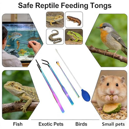 Reptile Feeding Tongs Set with Spoon, 4PCS 10.6" Feeding Tweezers with Silicone Tips, Spoon, Dropper, Terrarium Tools for Reptiles, Fish Tanks, Aquatic Plants, Reptile & Aquarium Rubber Tips Kit