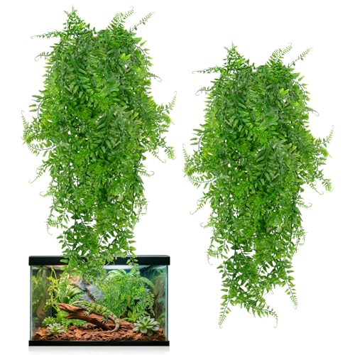 RAINFLOW 2PCS Reptile Plants for Terrarium - Fake Hanging Terrarium Plants, Artificial Boston Fern for Bearded Dragon Snake Geckos Hermit Crab Lizard Chameleon Turtle Reptile Decor(L31.5) - size: 31.5"x5.1"