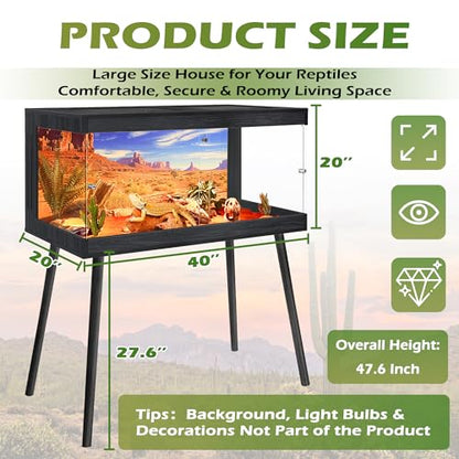 ROYXEN Bearded Dragon Tank with Leg Stand,64 Gallon Tempered Glass Reptile Tank with Metal Mesh Top, 3-Side Clear Anti-Scratch Glass Lizard Tank,Snake Tank for Reptile Habitat (Black,40" Length) - color: Black, size: 64Gal,40x20x20inch