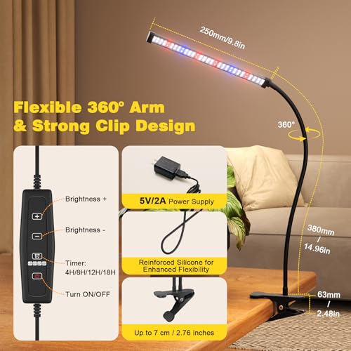 LED Grow Light, 5700K Full Spectrum Clip Plant Growing Lamp with Red Blue White LEDs for Indoor Plants, 5-Levels Dimmable, Auto On Off Timing 4/8/12/18Hrs(Single Head) - size: Clip-1Head