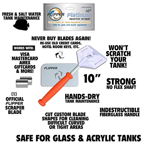 Flipper Platinum Aquarium Hand Scraper Tool – Glass and Acrylic Fish Tank Cleaner and Scraper with Serrated and Steel Blade - 10" Handle