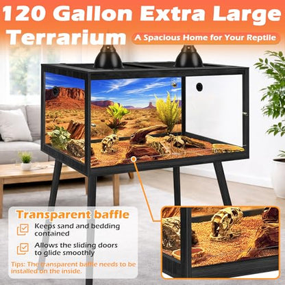 PROLEE 120 Gallon Bearded Dragon Tank with Leg Sand, 4x2x2 Reptile Enclosure with Tempered Glass Sliding Doors, Lockable Front Opening and Metal Mesh Top, Large Terrarium for Lizards and Snakes, Black - color: Black