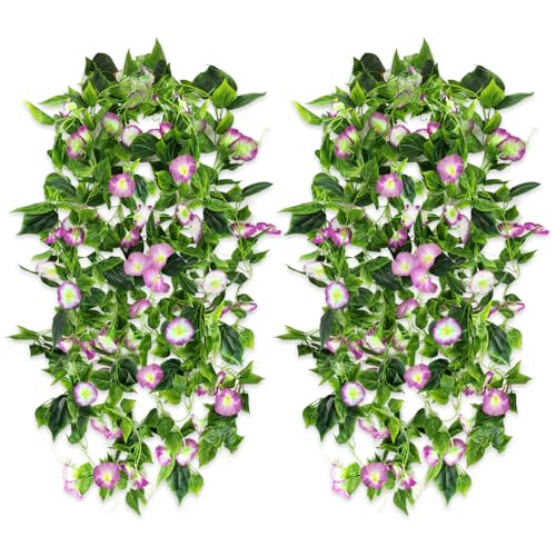 AirSun Artificial Morning Glory Flower Vines, 2pcs 15Feet Hanging Plants Silk Garland Fake Green Plant Home Garden Wall Fence Indoor Outdoor Wedding Birthday Decor - color: Purple