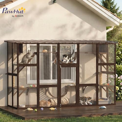 PawHut Catio Outdoor Cat Enclosure Window, Outdoor Cat House with Weather Protection Roof for 1-4 Kitties, Wooden Frame, Shelves & Bridges, 118" x 37.5" x 74", Coffee Brown - color: Coffee Brown