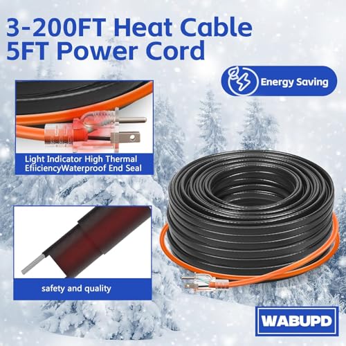 3FT-200FT Heat Tape for Water Pipes, -40°F Deicing Pipe Heat Cable,Electric Heating Cable Pipe,Frezze Protection for Heat Trace Cable for Metal, Plastic Home Pipes,Gutter,120V 5W/ft（100FT） - size: 100FT