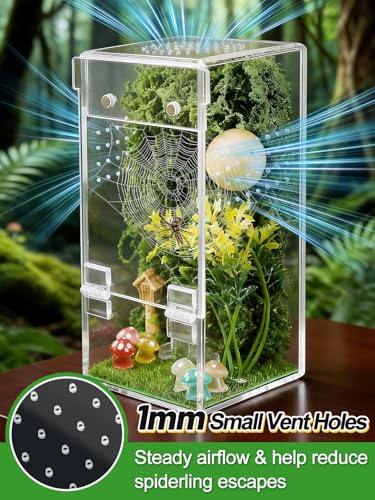 Escape Proof Jumping Spider Enclosure, Tarantula Terrarium Accessories Kit | MADHOLLY One-Piece, No Assembly Required, with Magnetic Door, Micro Vent Holes, DIY Decors, for Mantises/Insects, 3x3x6in
