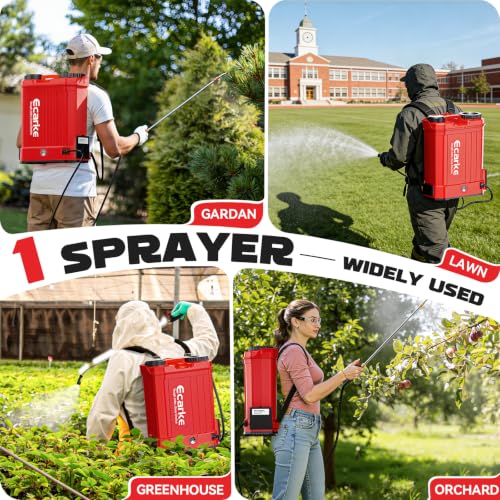 Ecarke Battery Backpack Sprayer Compatible with Milwaukee 18V (Tool Only) | 4.2 Gallon with Auto Mixer, 0–100PSI Adj, Leak-Proof Metal Telescopic Wand 42", 6 Nozzles, Ergonomic Strap Garden Sprayer - color: Red