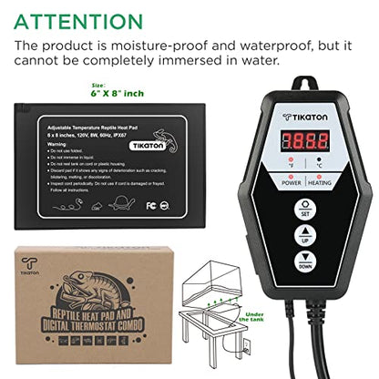 Tikaton Reptile Heating Pad and Digital Thermostat Combo Set, Under Tank Heater for 10-20gal/30-40gal Tank, Terrarium Heat Mat for Turtle/Snake/Lizard/Frog/Spider/Plant Box - size: 1 Pack-6" X 8"