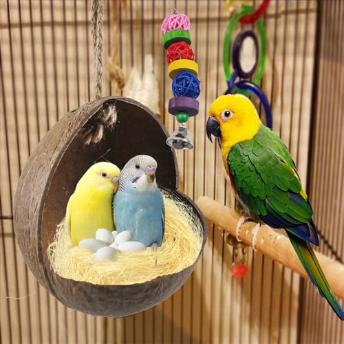 kathson Natural Coconut Shell Bird Nest,Hanging Coconut for Birds Parakeet Coconut Hut Coco Shell Bird House Cage Accessories Decoration for Parrots Lovebird Parakeets Finch Canary - size: [M:9.8 x 5.1 x 5.1 lnches]