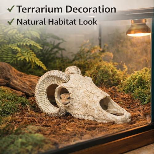 Reptile Hide Cave Decoration, Ram Skull Style Resin Shelter for Gecko, Lizard, Snake and Amphibian, Natural Habitat Decor for Small Reptiles