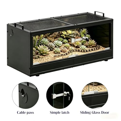 20 Gallon Reptile Terrarium Tank, Lockable Reptile Enclosure with Mesh Top & Handles, Escape-Proof Habitat Cage with Sliding Door for Snakes, Lizards, Tortoise & Small Animals, Black
