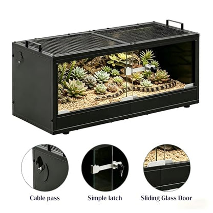 20 Gallon Reptile Terrarium Tank, Lockable Reptile Enclosure with Mesh Top & Handles, Escape-Proof Habitat Cage with Sliding Door for Snakes, Lizards, Tortoise & Small Animals, Black