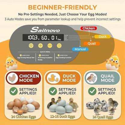 Sailnovo Incubator for 24 Eggs, 4 Modes Egg Incubator with Automatic Egg Turning, Temperature Control and Humidity Alarm - 360°View with Clear Window Incubators for Hatching Chicks(Grey)