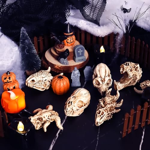 Bbiamsleep 8 Pcs 2.3 Inch Animal Skulls Figurine Resin Mini Skulls Dinosaur Alien Animal Skulls Decor Ornament Mini Skull Heads for DIY Projects Halloween Christmas Decoration