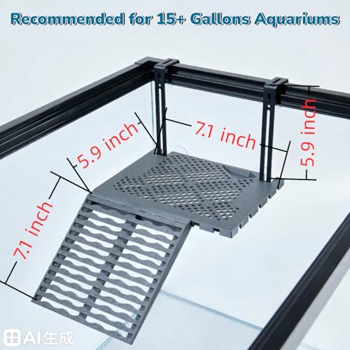 Compact SolidForm Hanging Turtle Basking Platform with Built-in Food Tray, Zero Zip-Tied, Non-Slip Ramp Terrace, Resting Turtles Dock, for 15+ Gallon Aquariums(8in Width+) Turtle Tank Accessories - size: Compact（7.1×5.9inches）