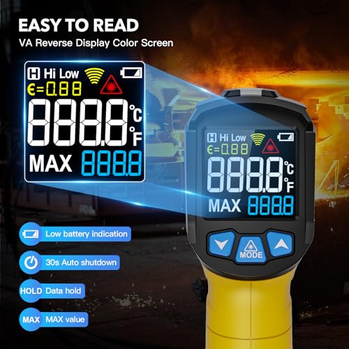 Infrared Thermometer Gun - INSTRODOTS Digital Laser Thermometer Temperature Gun with Adjustable Emissivity & Max Value, -58°F~1472°F Non-Contact Surface Thermometer for Cooking, Freezer, Pizza, HVAC - color: Yellow (-58°F~1472°F)