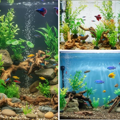 16 Pcs Aquarium Decor Fish Tank Decorations Include 6 Small Natural Coral Driftwood Spiderwood and 10 Green Plastic Plants for Reptile Terrarium Accessories Goldfish Tank Decor