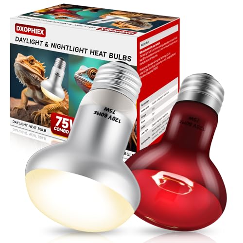 DXOPHIEX 2 Pack 75W Reptile Heat Lamp Bulbs Reptile Heat Bulbs, UVA Basking Bulb and Infrared Light Bulb Combo, Basking Light for Bearded Dragon, Turtles, Snake and Lizard - style: 75W Day & Night Heat Lamp