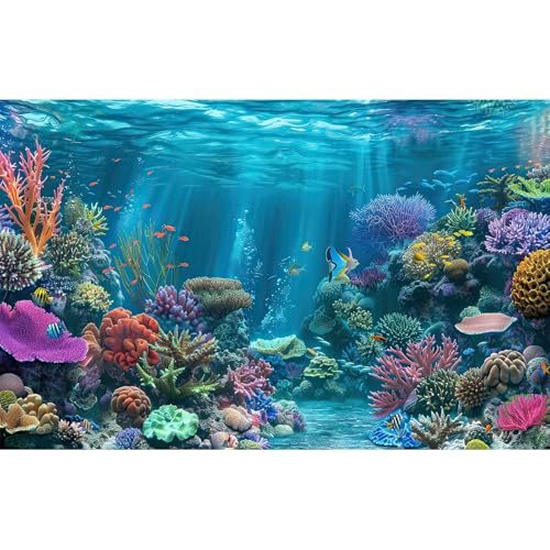 Under The Sea Aquarium Background Turquoise Underwater World Theme Terrarium Background Deep Ocean Sea with Coral Rocks Fish Tank Backdrop Tropical Ocean Marine with Sunbeams Backdrops 30x12in - color: Blue Brown, size: 30(W)x12(H)in