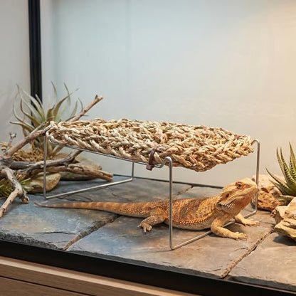 COLLBATH Bearded Dragon Hammock and Reptile Lounger with Natural Seagrass Basking Platform, Small Rectangle Pet Bed for Lizards, Geckos, and Frog Tank Habitat