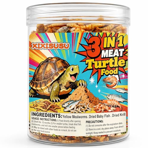 Turtle Food for Reptiles, 3 oz Canister - 3-in-1 Blend of Dried Mealworms, River Shrimp & Fish - Turtle Treats with High Protein, Reptile Treats for Aquatic Turtles (3 oz)