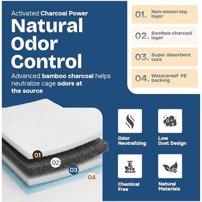 PHOBA Bamboo Charcoal Bird Cage Liners, 18''x24'', 100Sheets, Bamboo Charcoal Odor Control Papers, Super Absorbent Disposable Tray Mats for Parrots, Parakeets, Cockatiels.