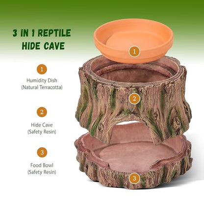 3 in 1 Reptile Hide Cave,Lizard Humid Hideout with Detachable Base and Clay Water Dish,Essential Reptile Terrarium Tank Accessories Decor for Leopard Geckos, Crested Geckos, Snakes, Crabs
