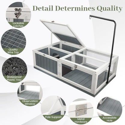 Large Tortoise Habitat, Indoor & Outdoor Wooden Tortoise House with Adjustable Lamp Stand and Water-Resistant Tray, Reptile Cage Tortoises Enclosure for Small Animals, 43" L x 24" W x 13" H