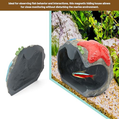 Upgraded Magnetic Detachable Aquarium Hideaway Coral Rock Cave to Check Your Aquatic Pets to Breed, Play and Rest Safe and Non-Toxic Resin Fish Tank Viewing Hideout Ornaments