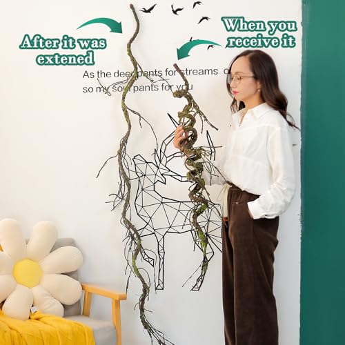71"Faux Bendable Tree Branches Moss Grapevines Twig Garland Halloween Decor | Twisting Artificial Greenery Woody Plants Stems Trunk for Arch Fireplace Wall Hanging Garden Jungle Theme Reptile Decoration