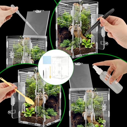 Jumping Spider Terrarium, Complete Acrylic Habitat Kit with Dual Doors, Feeding Tools for Spiders, Tarantulas, Mantis, Small Reptiles, 4.7x4.7x7.9 Inch