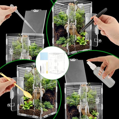 Jumping Spider Terrarium, Complete Acrylic Habitat Kit with Dual Doors, Feeding Tools for Spiders, Tarantulas, Mantis, Small Reptiles, 4.7x4.7x7.9 Inch