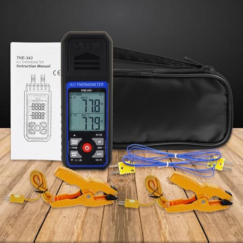 Thermocouple Thermometer HVAC Temperature Meter, Digital Temperature Thermometer with 2 Temperature Clamp & 2 Wired Thermocouple Probes, Dual Channel with Alarm & ADJ Compensation (-328~2500℉ Range)