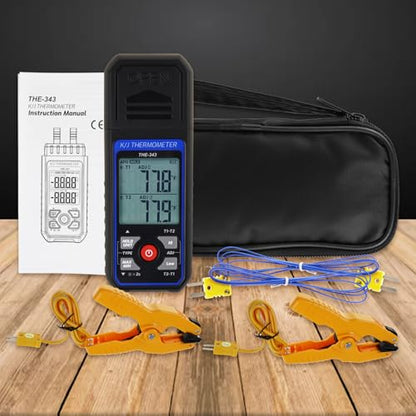 Thermocouple Thermometer HVAC Temperature Meter, Digital Temperature Thermometer with 2 Temperature Clamp & 2 Wired Thermocouple Probes, Dual Channel with Alarm & ADJ Compensation (-328~2500℉ Range)
