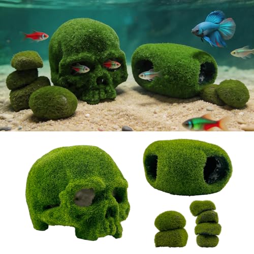 SNAIL GARDEN 8pcs Aquarium Decor, 4.5" Realistic Moss Skull Hideout & Mossy Rock Reptile Cave with 6pcs Algae Balls,Resin Fish Tank Decorations Shrimp Cave Aquarium Betta Fish Hiedout Reptile Habitat