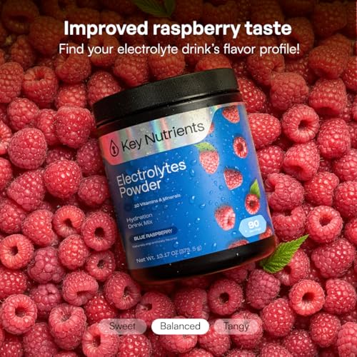 KEY NUTRIENTS Multivitamin Electrolytes Powder No Sugar - Sweet Blue Raspberry Electrolyte Powder - Endurance & Energy Supplement - Hydration Powder - No Calories - 90 Servings - Made in USA