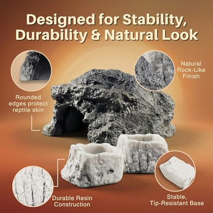 Reptile Hide Cave Set - Resin Rock Hideout with 2 Food and Water Bowls, Small Reptile Tank Accessories for Gecko, Frog, Young Bearded Dragon and Amphibian Habitat