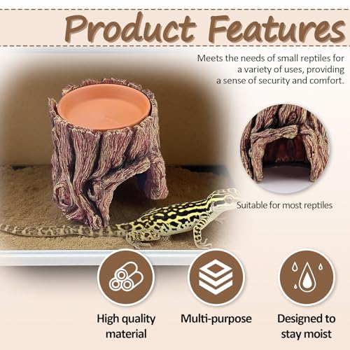 Reptile Hide Cave, 2 in 1 Reptile Humid Hide with Detachable Clay Water Basin, Resin Terrarium Decorations for Leopard Gecko, Crested Gecko, Lizard, Snake, Crabs