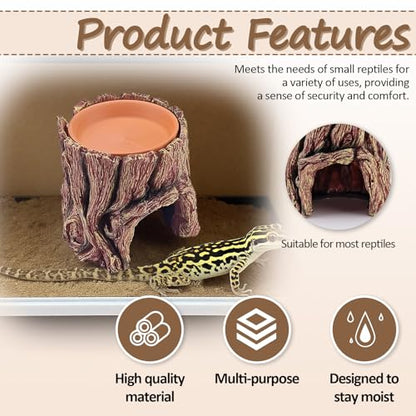 Reptile Hide Cave, 2 in 1 Reptile Humid Hide with Detachable Clay Water Basin, Resin Terrarium Decorations for Leopard Gecko, Crested Gecko, Lizard, Snake, Crabs