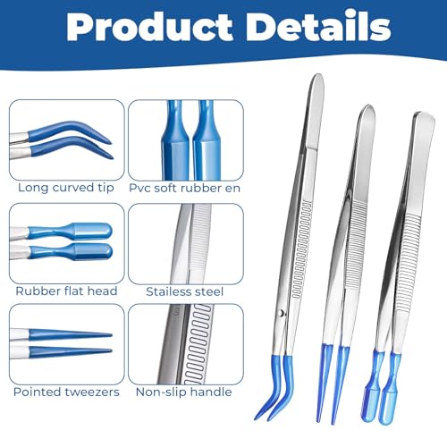 3 PCS Tweezers with Rubber Tips PVC Coated Set Precision Rubber Straight Flat Tip Long Bent Tweezers for Crafts Stamps Beads Jewelry, Blue