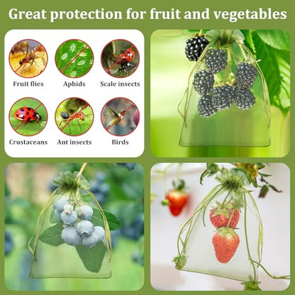 100Pcs Fruit Protection Bags, 4×6inch Fruit Netting Bags for Fruit Trees, Green Fruit Netting Cover Drawstring Mesh Bags Pest Barrier for Strawberry Blueberry Small Fruit - color: Green