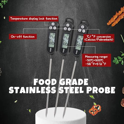 Copkim 6 Pcs Instant Read Meat Thermometer with Long Probe 9.65 Inch Kitchen Cooking Food Candy Waterproof Digital Thermometer for BBQ Water Milk Yogurt Liquid Cooking(Black) - color: Black